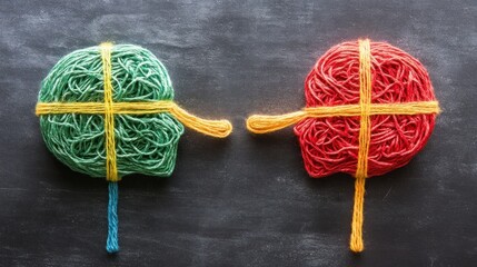 Communication concept abstract yarn heads dialogue contrasting colors dark background