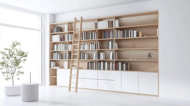 Embrace simplicity with this modern interior featuring a wooden bookshelf and integrated ladder design.
