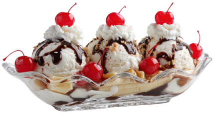 Heavenly Banana Split: A delectable banana split overflowing with rich vanilla ice cream, drizzled with chocolate sauce, topped with fresh whipped cream and juicy cherries.