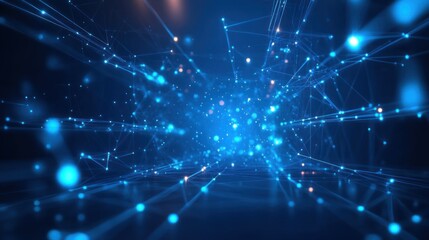 Obraz premium Abstract digital network with glowing blue nodes and connecting lines creating a sense of depth and futuristic technology