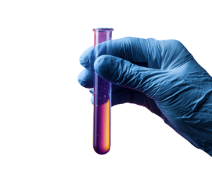 Gloved Hand Holding Test Tube with Vibrant Purple and Orange Liquid, PNG