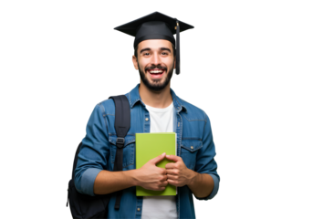 Graduating Student Smiling Holding a Book on Transparent Background