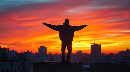 Silhouette of person at sunset over city rooftops.