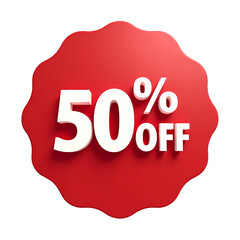 A red tag with fifty percent off in white text  for sales and promotions isolated on transparent backgruond