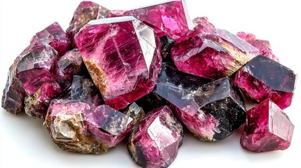 Obraz premium Brilliantly colored rhodolite garnets create a striking contrast with a white surface.