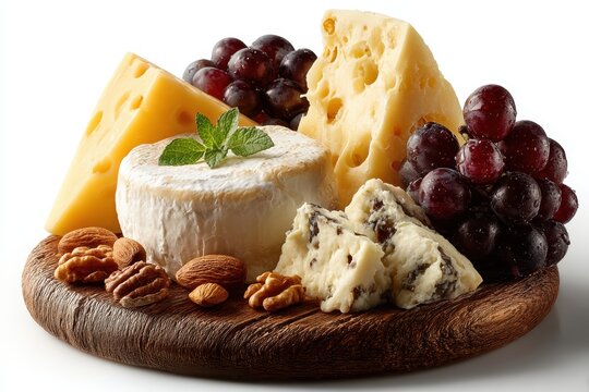 A realistic cheeseboard with various cheeses, grapes, and nuts, isolated on white for wine tasting visuals