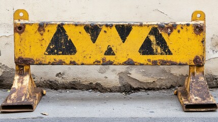 Rusty metal barricade with warning triangles grunge texture safety sign