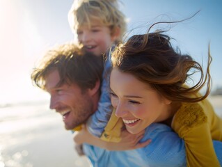 Family having fun on beach, playful togetherness.