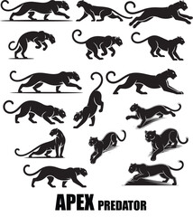 A collection of dynamic black panther silhouettes, perfect for representing strength, wildlife, or a powerful apex predator concept on white
