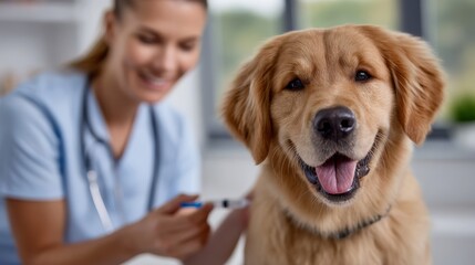 A golden retriever dog in a veterinary clinic receiving an injection from a needle, the golden retriever has a collar with a tag and is happy and relaxed during the vaccination.