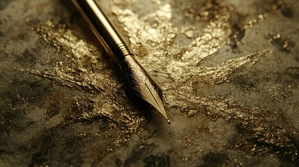 Gold pen nib on textured surface