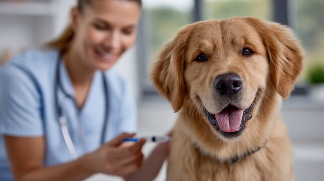 A golden retriever dog in a veterinary clinic receiving an injection from a needle, the golden retriever has a collar with a tag and is happy and relaxed during the vaccination.