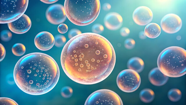 Bubbles filled with micro elements float in vibrant blue background, showcasing beauty of sodium and polyacrylate in trial of pulp