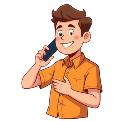Obraz premium Cheerful young man talking on smartphone with friendly expression
