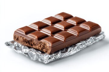 A chocolate bar partially unwrapped, isolated on white for candy or snack-related visuals