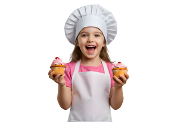 Girl Holding Cupcakes Wearing Chef Hat and Apron, Excited