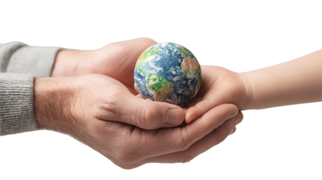Hands Holding a Globe:  A symbolic image of hands, an adult's and a child's, holding a small globe representing the planet Earth.