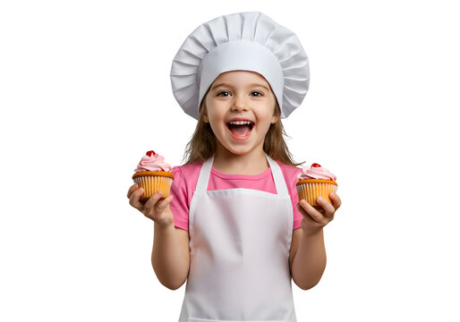 Girl Holding Cupcakes Wearing Chef Hat and Apron, Excited