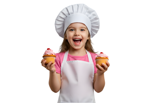 Girl Holding Cupcakes Wearing Chef Hat and Apron, Excited