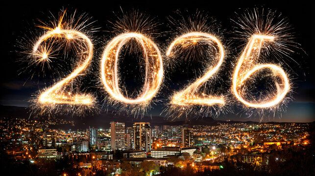 happy new year, new year's eve, silvester, new year, celebration greeting card, new year card - Year 2026 in sparkler font and firework fireworks pyrotechnic, isolated on black night sky background	