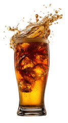 Refreshing Iced Drink Splash: A tall glass of amber iced beverage explodes with refreshing bubbles and ice cubes, capturing the vibrancy and coolness of a summer drink.