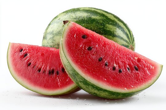 A halved watermelon with vibrant red pulp, isolated on white for summer fruit theme