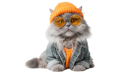 A chic feline, adorned in a vibrant orange hat, stylish sunglasses, and a denim jacket, exudes an aura of urban cool, captivating with its unique style and confident presence.