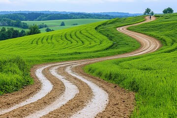 Obraz premium Curving dirt road through lush farmland