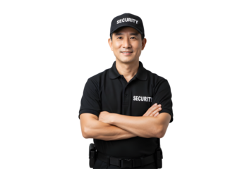 Smiling Security Guard Poses with Arms Crossed on Black Backdrop