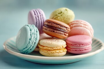 A small plate of assorted macarons in pastel colors, isolated on clean background for bakery or cafe visuals