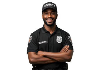 Smiling Security Guard with Arms Crossed on Transparent Background