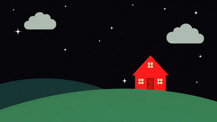 Minimalist Red House on Starry Night Hill – Original Stylized Digital Landscape Illustration
