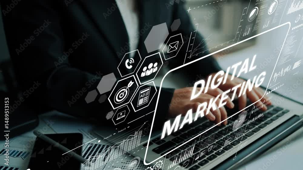 Poster professional in business attire engaged in digital marketing with visual data graphics and technolog