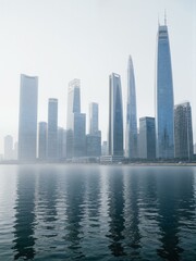 Fototapeta premium A photo of large buildings by water.