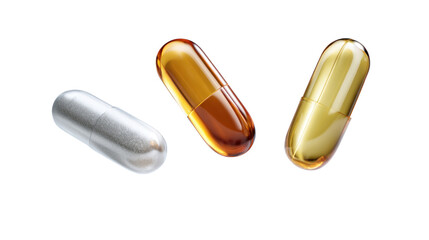 Capsule Trio: A macro shot showcasing three vibrant capsules, embodying health, wellness, and pharmaceutical innovation, perfect for medical or healthcare visualizations.