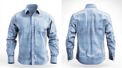 Elegant design of a blue checkered dress shirt highlighted on a white background.
