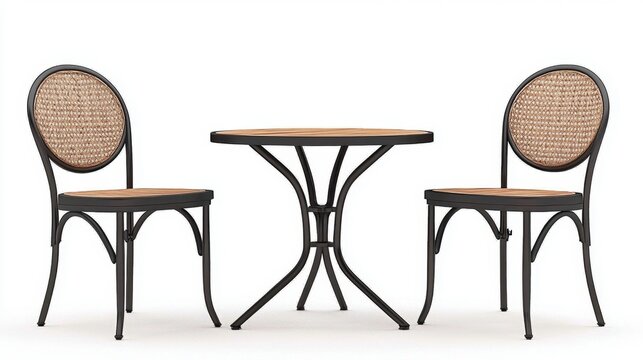 Stylish bistro furniture set featuring a round table and two chairs.