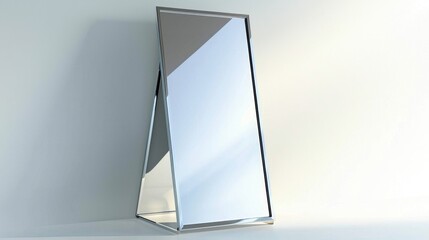 Stylish freestanding mirror featuring a sleek metal frame.