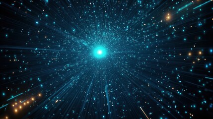 Fototapeta premium Bright glowing blue light at center emitting radiating lines and scattered light particles in dark space creating a dynamic and futuristic effect