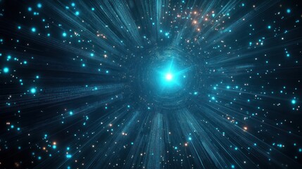 Fototapeta premium Radiant blue light at the center with streaks of light and scattered glowing particles creating a dynamic, energetic cosmic effect