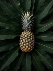 Fototapeta premium A pineapple is seen in between leaves.