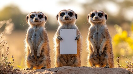 Meerkats facing camera and holding up a sign. Blurred background of the savannah in the background.