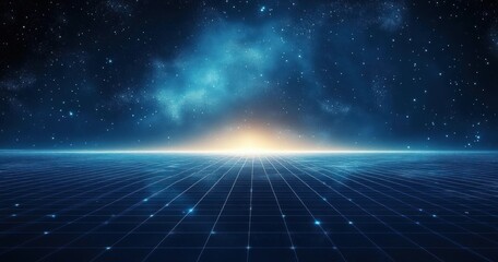 Glowing horizon on a futuristic digital grid under a starry night sky filled with bright stars and nebulae, evoking a sense of infinite space and technological advancement