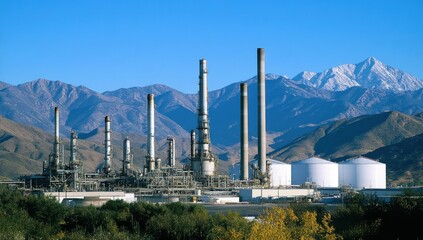Obraz premium Industrial Refinery Landscape: Majestic Mountains and Oil Plant