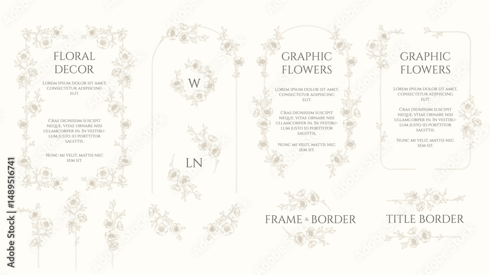 Fototapete set of frames, borders and monogram frames. anemone decor.
