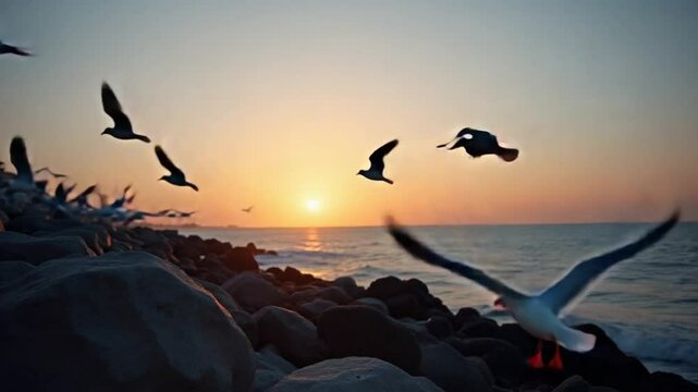 Seagulls flying in sunset sky. A flock of the seagull birds flies under a dark sky after sunset, over the sea along the rocky coast. Freedom concept. Evening. Nobody. Slow motion