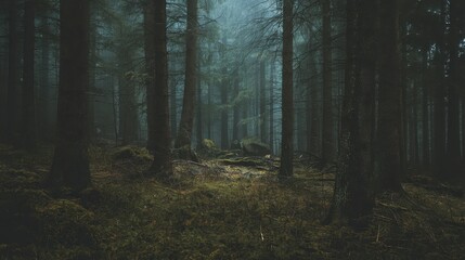 Enigmatic Foggy Forest Scene with Tall Trees, Mossy Ground, and Mysterious Atmosphere Invoking Tranquility and Stillness in Nature