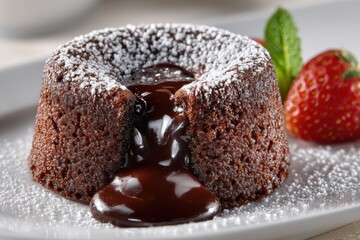 A chocolate lava cake with molten center oozing, isolated on white for gourmet dessert concept