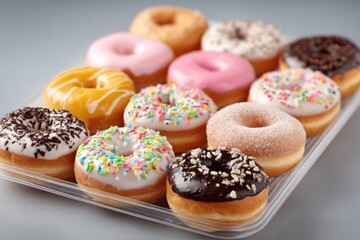 A tray of assorted donuts with different toppings, isolated on clean white background for bakery promotion