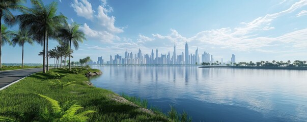 Obraz premium Serene Cityscape: Palm Trees, Tranquil Waters, and Modern Skyline